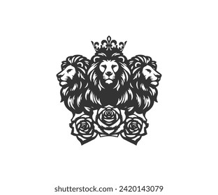 logo of three lion heads wrapped in roses