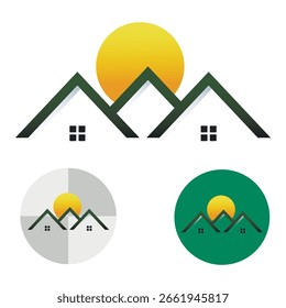 Logo three roofs of the house on the background of the sun. Logo of the cottage village, private house, construction.