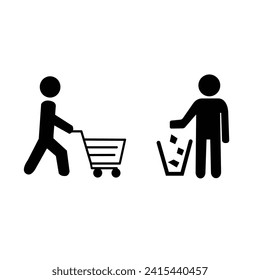 the logo of throwing rubbish in its place and the logo of people shopping in silhouette style