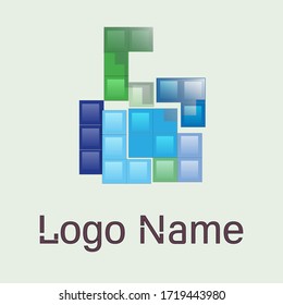 Logo Thumb in the form of a Like form, made of small cubes of blue and green colors. With a name for the logo in a stylized version.