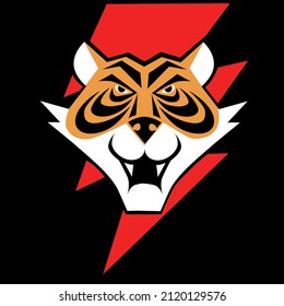Logo des Tiger-Kopfes mit dem Symbol des roten Donners auf Hintergrund 