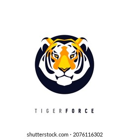 Logo with tiger looks straight and menacing. Tiger head in black circle. Simple and clean lines. EPS10 vector logo template.