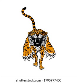 Logo tigre emblema modello mascotte simbolo per business o camicia design. Elemento di design vettoriale vintage, Artistico silhouette vettoriale tigre in salto. Idea creativa icona di animali selvati