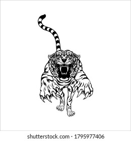 Logo tigre emblema modello mascotte simbolo per business o camicia design. Elemento di design vettoriale vintage, Artistico silhouette vettoriale tigre in salto. Idea creativa icona di animali selvati