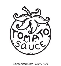 Logo tomato sauce and lettering. Hand drawn doodle line 