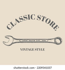 Logo-Tools, Vektorschlüssel handgezeichnet mit Vintage Retro-Stil. Spanner Logo Design Element. gut für Poster, Banner, Web, T-Shirt-Druck, Taschendruck und mehr. Vorlagendesign