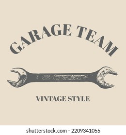 logo tools vector wrench hand drawn with vintage retro style. Spanner logo design element. Key tool isolated on cream background template design