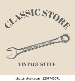 logo tools vector wrench hand drawn with vintage retro style. Spanner logo design element. good for poster, banner, web, t-shirt print, bag print, and more. template design
