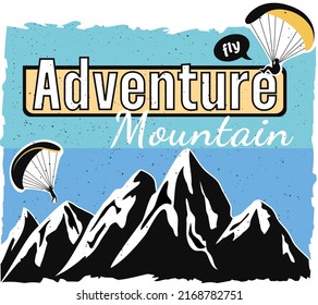 Logo with torn edges. Blue green retro background. Vector stock illustration.Fraying. Mountains and skydivers. Adventure. Rocks. Expedition. Hiking