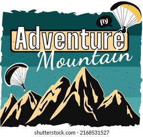 Logo mit abgerundeten Kanten. Blauer, mit Retro gestreifter Hintergrund. VektorStock-Illustration. Blassfarben und tragen. Berge und Skydiver. Abenteuer. Steine. Expedition