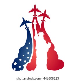 Logo as a tourist flying aircraft, with a silhouette of the Statue of Liberty and the symbolism of the American flag. Symbols and air travel in America. Independence Day.