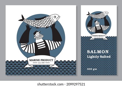 Logotipo, marca comercial, identidad corporativa de productos de pescado. Un marinero con pescado al fondo de las olas del mar. Ilustración vectorial.