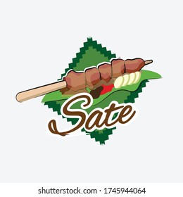 Logo traditional food sate or satay meat with lontong and chilli warp in banana leaf for Indonesia restaurant 