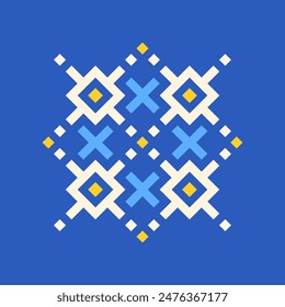 logo for traditional Ukrainian embroidery pattern, simple vector logo design icon, blue and yellow colors, symmetrical composition, geometric shapes, , minimalistic style, modern aesthetic.