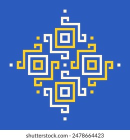 logo for traditional Ukrainian embroidery pattern, simple vector logo design icon, blue and yellow colors, symmetrical composition, geometric shapes, , minimalistic style, modern aesthetic.