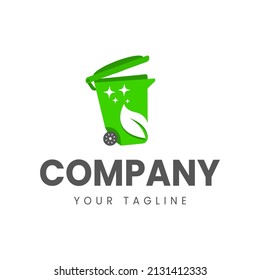 Logo Trash Can with leaves, Cleaning bin. Editable. Service.