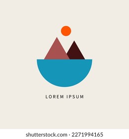 Logo for travel agency, mountains, sun and lake, sea. Isolated color icon with nature, vector geometric minimal illustration