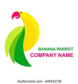 Logo for the travel agency. Vector banana parrot. Smiling parrot of banana and palm leaves.