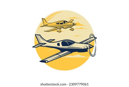 Logo travel by plane airline vector or flight by airplane jet tour concept logotype design, tourism aircraft service symbol graphic round circle shape silhouette on sun sky and mountains company brand