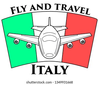 Logo travel to Italy. Airplane on the background of the Italian flag.