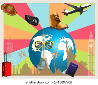 Logo travel plane, suitcase glasses