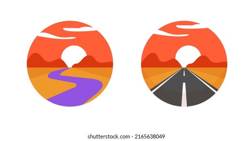 Logo of travel road way and path river trail in wild nature valley desert landscape icon modern design vector, pathway graphic print art flat illustration, horizon and sunrise, sunset dawn view image