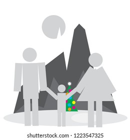  Logo for the traveler. Illustration with people. Silhouette mother with baby and husband. Card of happy mothers day. Abstract people logos for social groups.