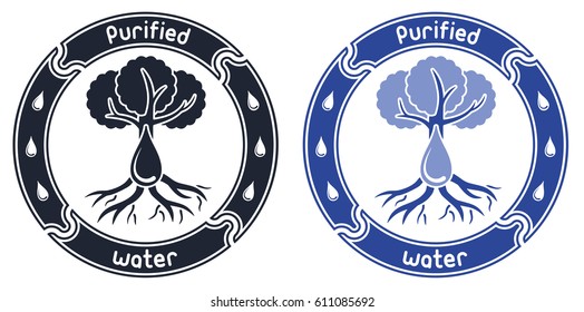 Logo with tree, big water drop and round banner. Black and blue versions.