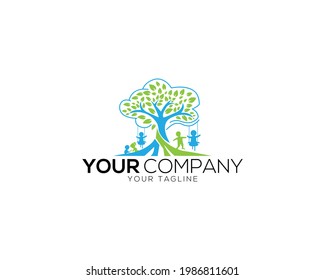 Logo Tree in the book with children playing vector template.