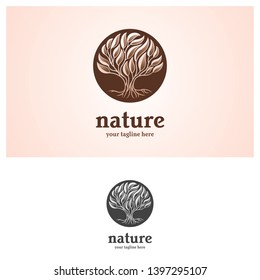 logo of tree design with roots in circle lines - Vector.