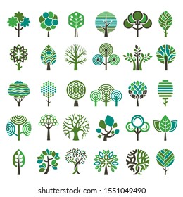 Árbol de logotipos. Bosques ecológicos, emblemas estilizados o placas de colección vectorial