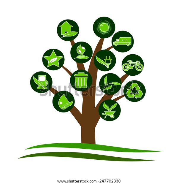 logo. A tree with\
green ecological symbols\
