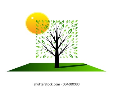 logo tree. A tree with green leaves of a geometrical figure and the sun