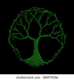Árbol del logotipo, dibujo a mano en un fondo negro.