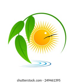 logo. tree leaves about water against the sun