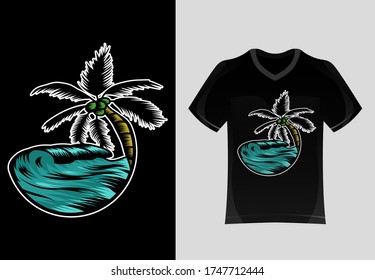 Logo tree palm and sea vector detailing summer happy holiday blank concept isolated , fulcolor background tshirt