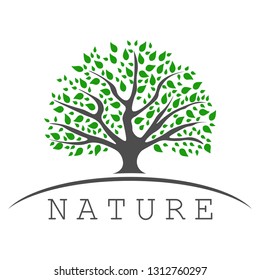 Logo of a tree with round green foliage. The image of the trunk, fresh leaves on the background of the horizon, on the ground. Below the horizon line is an inscription, slogan or company name.