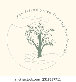 Logo tree stem leaf in hands environmentally friendly on a beige background vector illustration