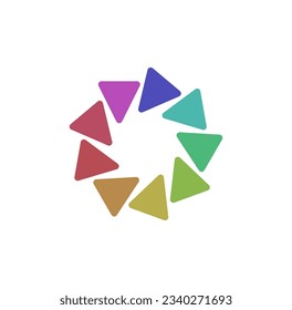 logo of triangles forming a circle, connected to each other. sustainability, education, marketing, multi color. Vector