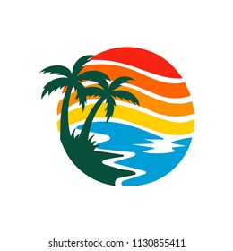 
Logo of a tropical palm beach at sunset. Vector illustration