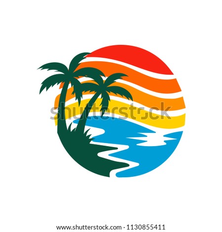 
Logo of a tropical palm beach at sunset. Vector illustration