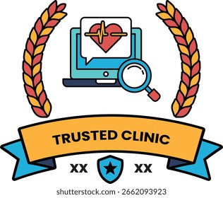Um logotipo para uma clínica confiável. O logotipo apresenta um coração e um laptop, com uma lupa no meio. O logotipo é preto e branco e tem uma fita em torno dele