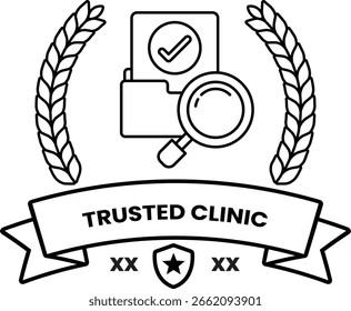 A logo for a trusted clinic. The logo features a magnifying glass and a file folder. The logo is black and white and has a ribbon around it