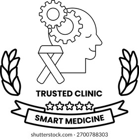 Un logotipo para una clínica de confianza que sea una medicina inteligente. El logotipo presenta la cabeza de un hombre con engranajes en él