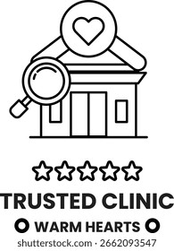 Um logotipo para uma clínica confiável que é calorosa e acolhedora. O logotipo apresenta uma casa com uma lupa sobre ele, o que representa a ideia de olhar de perto para os serviços da clínica