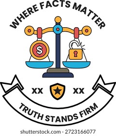 Um logotipo para a Verdade permanece firme. O logotipo apresenta uma escala com um cifrão de um lado e uma chave do outro. O logotipo é azul, vermelho e amarelo