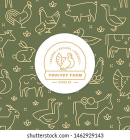 Logo with turkey and place for text on the background of a seamless pattern of various farm animals in green and yellow color from vector icons in a flat style.