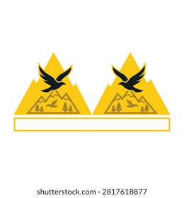 Logo of two black birds flying over yellow mountain range with scenic view