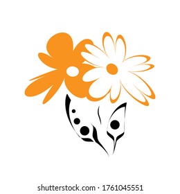 Logo.  Two daisies. Orange, white, black colors . Vector illustration. Isolated on a white background.