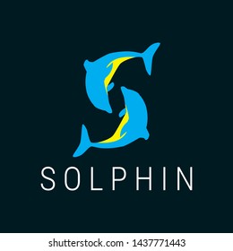 the logo of two dolphins in the background, in yellow and blue, the logo business, the industrial logo, the financial logo